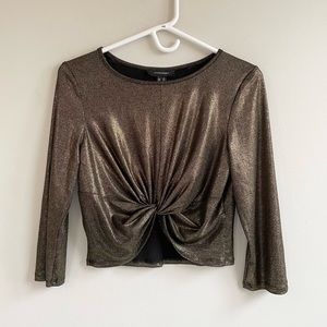 ATMOSPHERE GOLD LAME CROP TOP FAUX KNOTTED WAIST LONG SLEEVE SHIMMER METALLIC